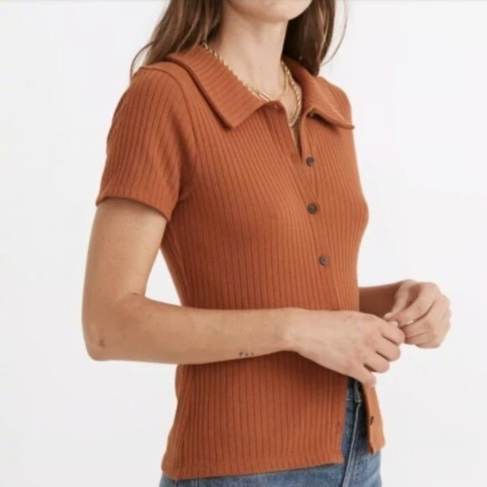 Madewell Ribbed Knit Blouse Womens Sz XL Rust Orange Button Front Short Sleeve